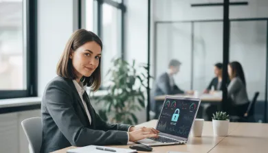 mujer en la oficina con laptop
