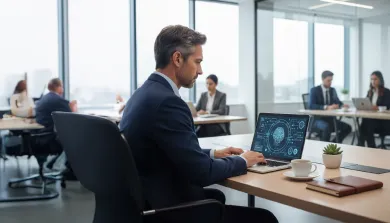 hombre en oficina mirando hacia laptop